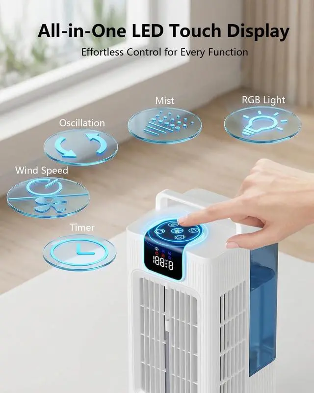 Alt view image 5 of 7 - Portable Air Conditioners, 2000ML Personal Air Conditioner, Mini Air Conditioner, Evaporative Air Cooler Fan with 120° Oscillation, 7 RGB Light Modes, 4 Speeds & 1-8H Timer for Bedroom Office