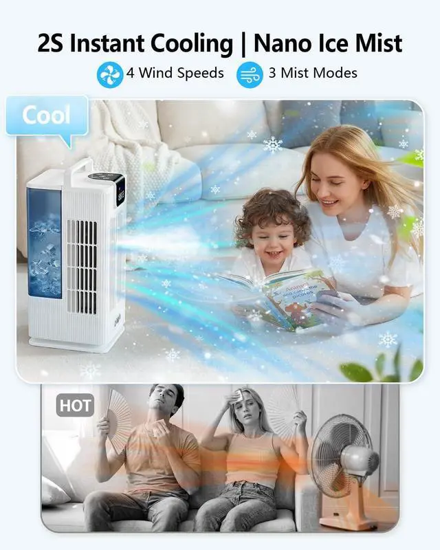 Alt view image 7 of 7 - Portable Air Conditioners, 2000ML Personal Air Conditioner, Mini Air Conditioner, Evaporative Air Cooler Fan with 120° Oscillation, 7 RGB Light Modes, 4 Speeds & 1-8H Timer for Bedroom Office