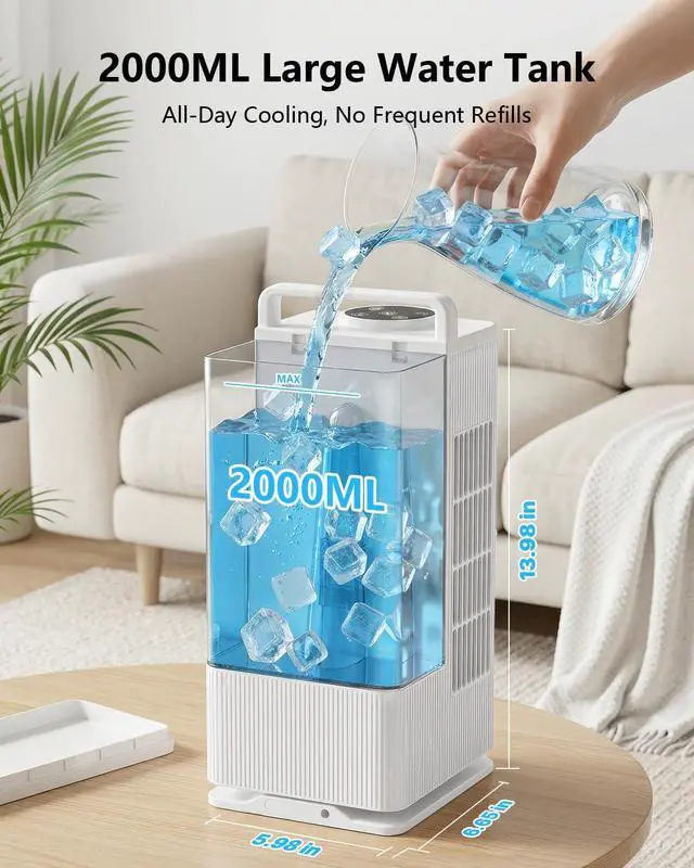 Alt view image 2 of 7 - Portable Air Conditioners, 2000ML Personal Air Conditioner, Mini Air Conditioner, Evaporative Air Cooler Fan with 120° Oscillation, 7 RGB Light Modes, 4 Speeds & 1-8H Timer for Bedroom Office
