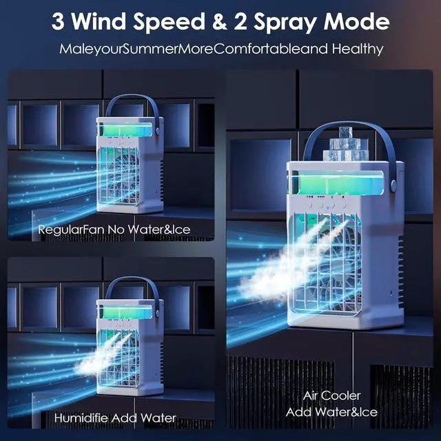 Alt view image 4 of 7 - Portable Air Conditioner, Cooling Fan 3 Speeds & 3 Modes Personal Cooling Fan Mini Air Conditioner Fan with Remote, 1500ML Water Tank, Night Light, for Home Office Bedroom