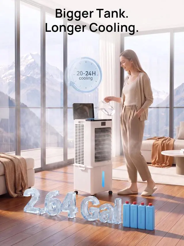 Alt view image 6 of 7 - Windowless Portable Air Conditioner, 3-IN-1 Portable AC Fan w/ 2.64Gal Tank for 20H Cooling, 4 Modes & 3 Speeds, 12H Timer for Auto-off, Remote, Swamp Cooler for Room, Bedroom
