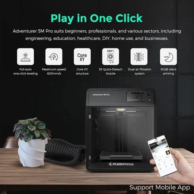 Alt view image 4 of 7 - FLASHFORGE Adventurer 5M Pro 3D Printer with 1 Click Auto Printing System, 600mm/s High-Speed, Quick Detachable 280°C Nozzle, Core XY All-Metal Structure, Multi-Functional 220x220x220mm 3D Printer