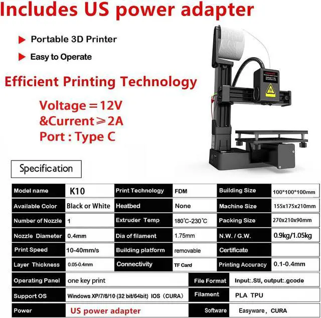 Alt view image 2 of 7 - Portable 3D Printer - Compact FDM 3D Printer with Removable Build Plate, PLA & TPU Filament Compatibility, 0.4mm Nozzle, 100x100x100mm Build Volume, Easy-to-Use Design for Beginners
