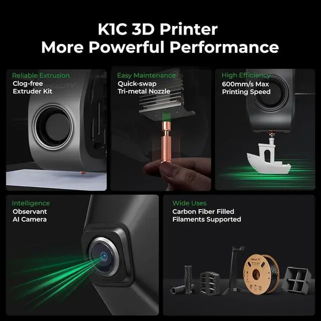 Alt view image 7 of 7 - Creality K1C 3D Printer, 600mm/s High-Speed Auto Leveling Clog-Free Robust Direct Extruder K1 SE Upgraded 3D Printer with AI Camera 300°C Printing Silent Mode Support Carbon Fiber Filaments