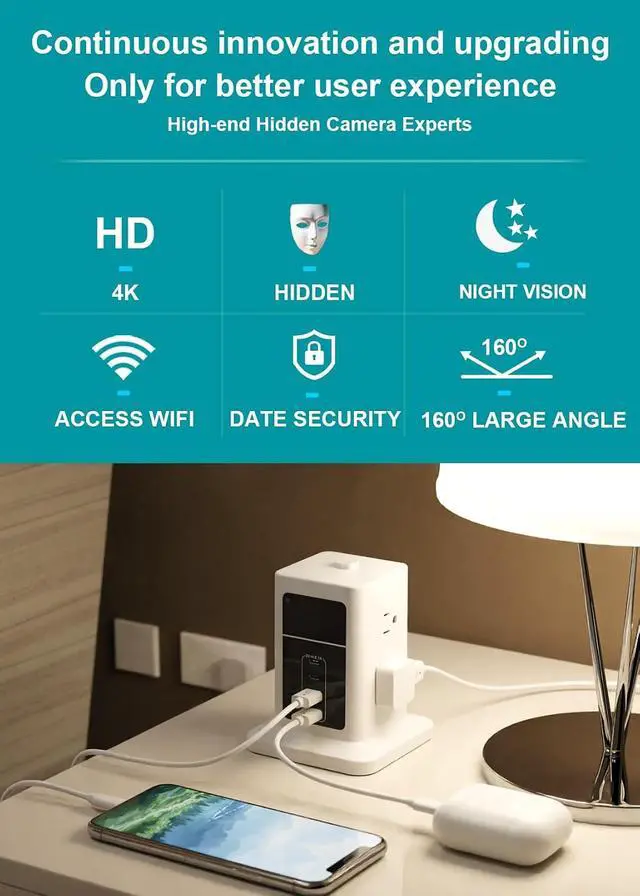 Alt view image 4 of 7 - Power Strip Camera 4K HD Outlet Camera,160° Wide Angle Wireless Nanny Cam Hidden Camera with Night Vision for Home/Pets/Office Security (Black) white