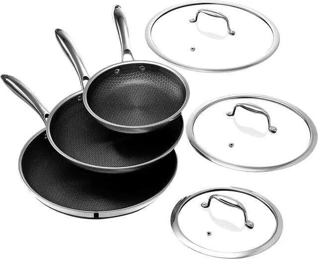 Main image of HexClad 6 Piece Hybrid Nonstick Frying Pan Set, 8, 10 and 12-Inch Frying Pans with Lids, Stay-Cool Handles, Dishwasher and Oven Safe, Induction Ready, Compatible with All Cooktops