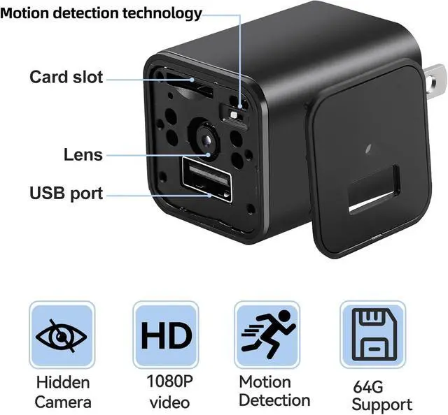 Alt view image 3 of 6 - Charger Camera, 1080P Small Camera with Motion Detection, Camera with 64GB Micro SD Card Included, Nanny Camfor Home, Window, Indoor and Security (No WiFi)