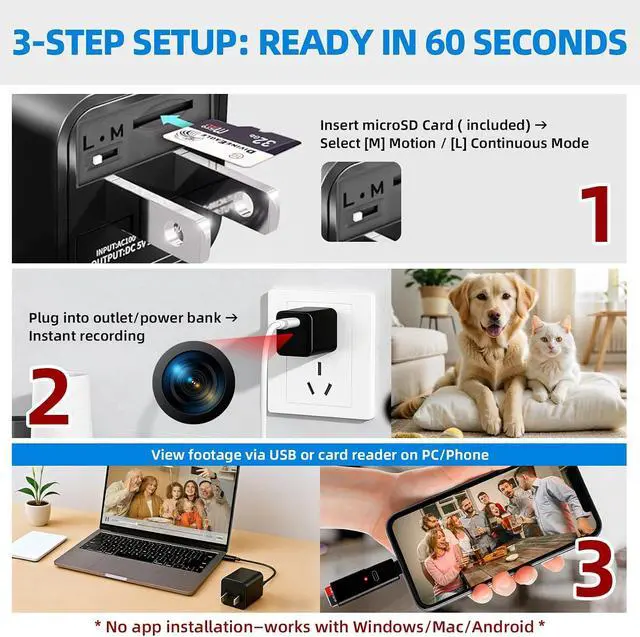 Alt view image 3 of 5 - 1080P HD Charger Camera with Motion Detection, 106° Wide Angle, No WiFi/Monthly Fee, Mini Hidden Camera for Home Security/Nanny/Pet Monitoring