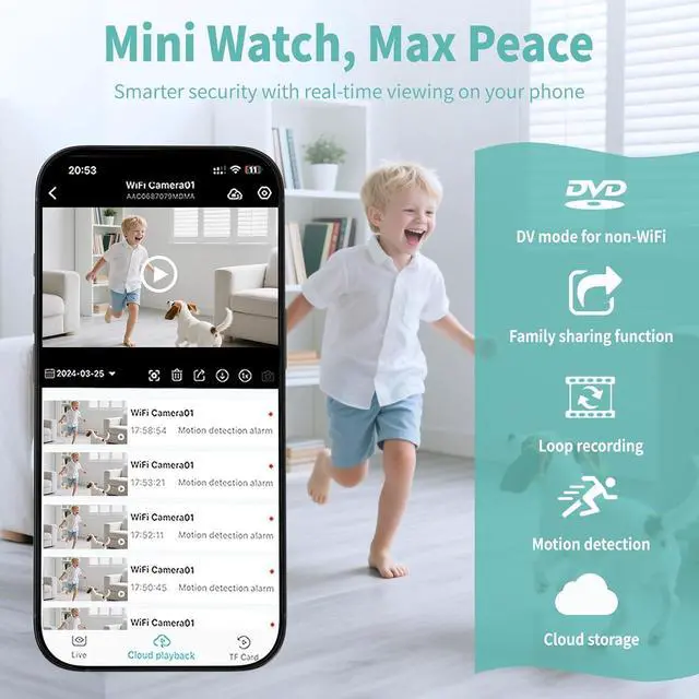 Alt view image 2 of 6 - Braload Mini Camera Nanny Cam for Home - 2026 Update WiFi Security Camera with Free Cloud Storage, Baby Monitor Pet Camera with Motion Detection, Night Vision, App Control, with No WiFi Mode (Black)