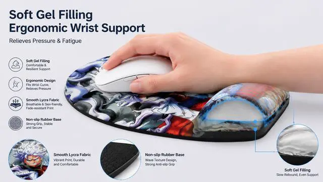 Alt view image 3 of 6 - One Piece Wrist Rest Mouse Pad, Sponge Memory Foam Wrist Support Cushion for Gaming & Office, Comfortable Ergonomic Wrist Pad for Computer Laptop (Nami)
