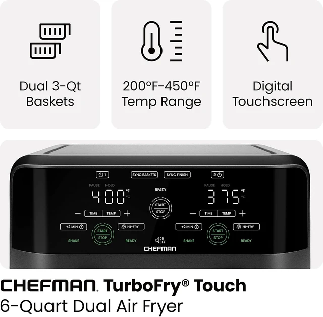 Alt view image 3 of 7 - Quart Dual Basket Air Fryer - Digital Touchscreen, Smart Sync Finish, Hi-Fry, Auto Shutoff, 2 Independent 3QT Nonstick Dishwasher-Safe Frying Baskets - Digital Double Air Fryer - Black