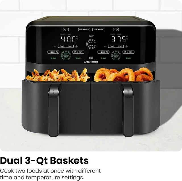 Alt view image 2 of 7 - Quart Dual Basket Air Fryer - Digital Touchscreen, Smart Sync Finish, Hi-Fry, Auto Shutoff, 2 Independent 3QT Nonstick Dishwasher-Safe Frying Baskets - Digital Double Air Fryer - Black