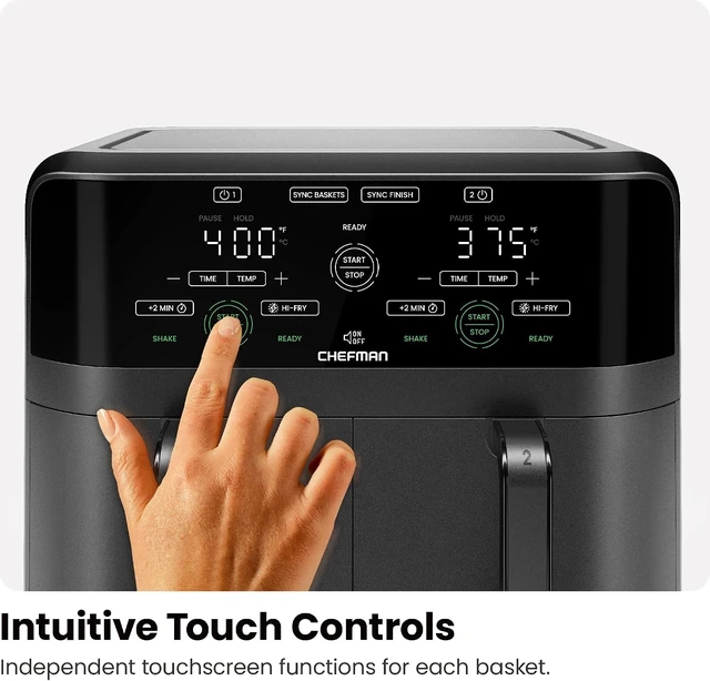Alt view image 7 of 7 - Quart Dual Basket Air Fryer - Digital Touchscreen, Smart Sync Finish, Hi-Fry, Auto Shutoff, 2 Independent 3QT Nonstick Dishwasher-Safe Frying Baskets - Digital Double Air Fryer - Black