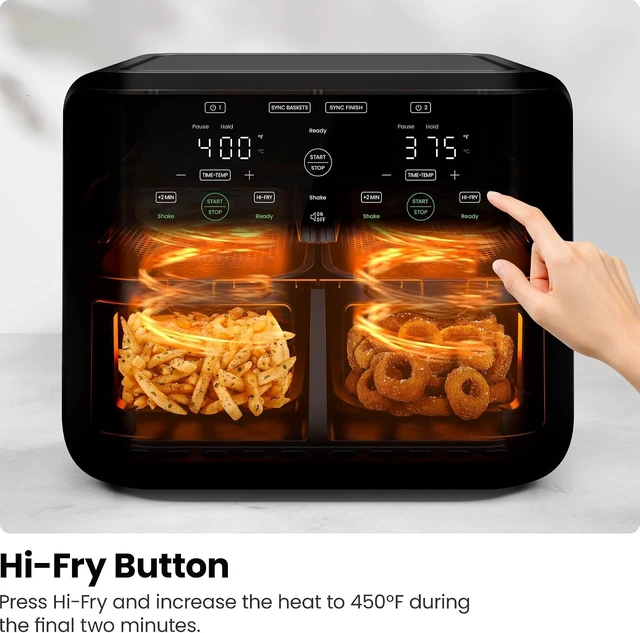 Alt view image 5 of 7 - Quart Dual Basket Air Fryer - Digital Touchscreen, Smart Sync Finish, Hi-Fry, Auto Shutoff, 2 Independent 3QT Nonstick Dishwasher-Safe Frying Baskets - Digital Double Air Fryer - Black