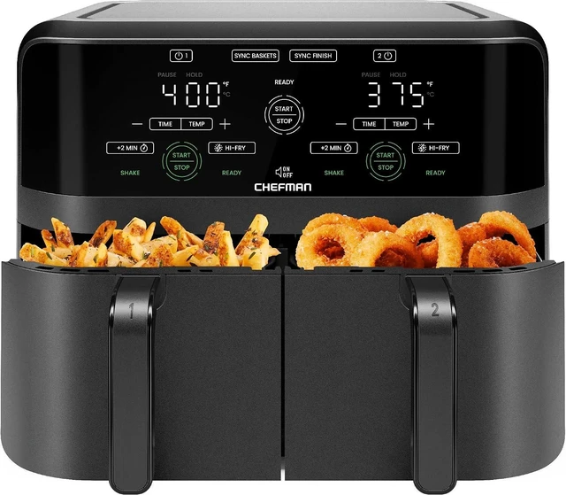Main image of Quart Dual Basket Air Fryer - Digital Touchscreen, Smart Sync Finish, Hi-Fry, Auto Shutoff, 2 Independent 3QT Nonstick Dishwasher-Safe Frying Baskets - Digital Double Air Fryer - Black