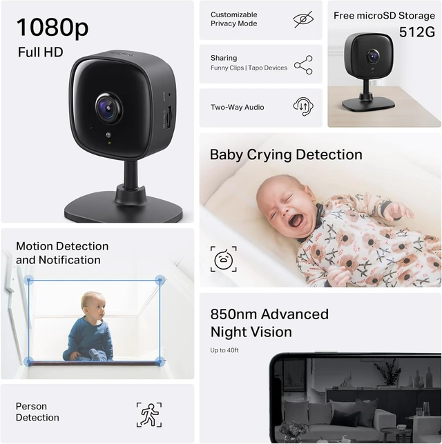 Alt view image 5 of 7 - Tapo Cámara de seguridad interior 1080P, monitor de bebé, cámara de perro
Detección de movimiento, audio de 2 vías, sirena, visión nocturna, almacenamiento en la nube y tarjetas SD