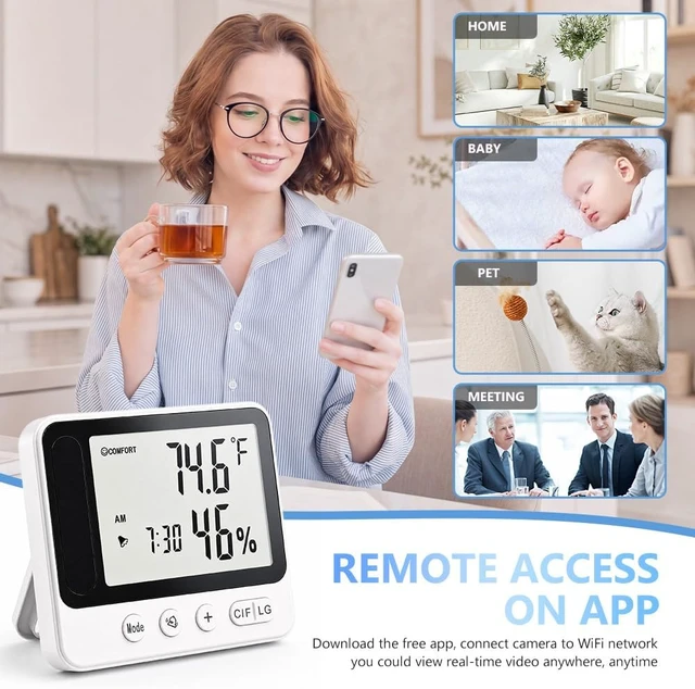 Alt view image 6 of 7 - Mini cámara inalámbrica ocultada de la seguridad de WIFI, reloj 2.4G y 5G
Higrómetro, termómetro, reloj despertador, visión nocturna y alertas de detección de movimiento, control remoto de la