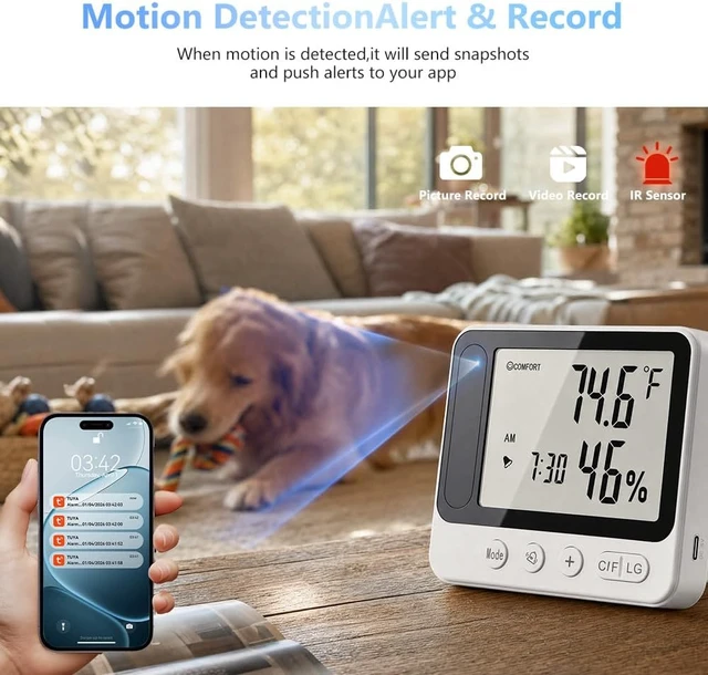 Alt view image 2 of 7 - Mini cámara inalámbrica ocultada de la seguridad de WIFI, reloj 2.4G y 5G
Higrómetro, termómetro, reloj despertador, visión nocturna y alertas de detección de movimiento, control remoto de la