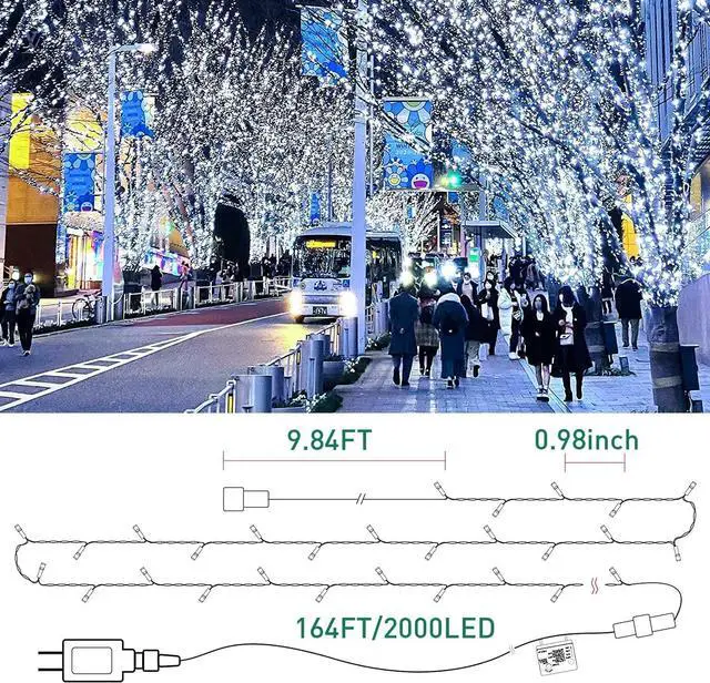 Alt view image 4 of 7 - 164ft 2000 LED Cluster Christmas String Lights - 8 Modes Christmas Tree Lights - Outdoor Waterproof Dark Green Wire Christmas Lights Plug in for Holiday Wedding Party Home Decor, White
