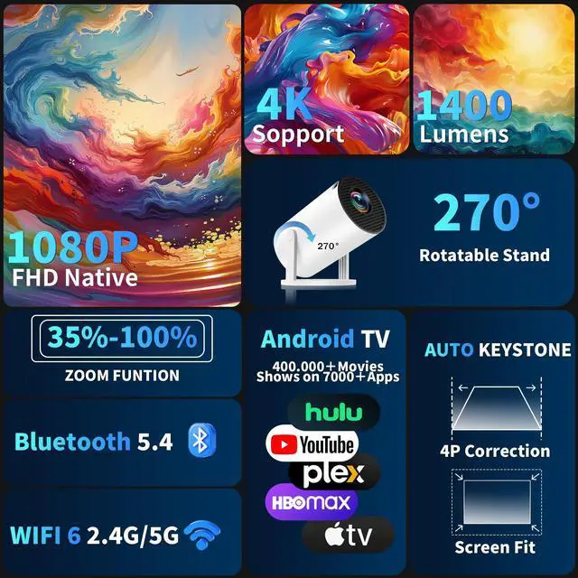Alt view image 2 of 7 - [Built-in Apps & 2025 Upgraded] Mini Projector Support 4K 1080P Auto Keystone 270° Rotatable with WiFi 6 and Bluetooth 5.4, Projector Portable Compatibile with HDMI/TV Stick/Memory Stick/Laptop-White