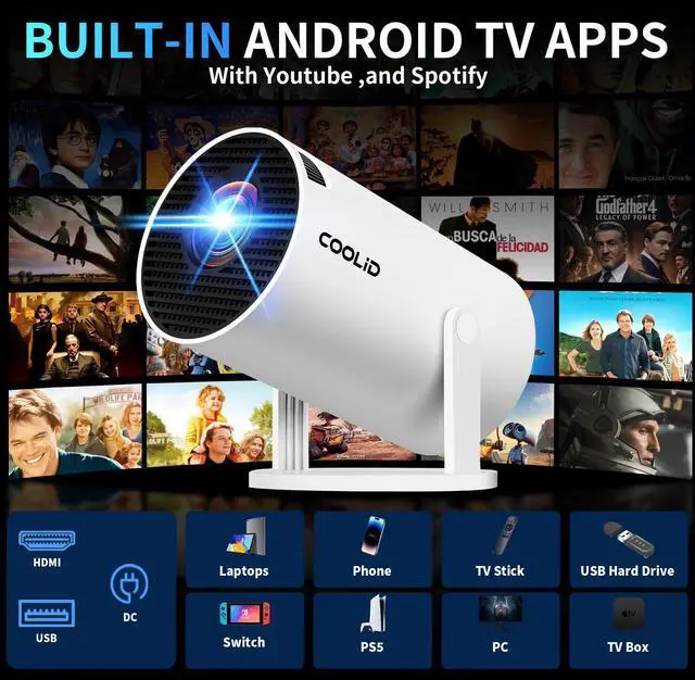 Alt view image 3 of 7 - [Built-in Apps & 2025 Upgraded] Mini Projector Support 4K 1080P Auto Keystone 270° Rotatable with WiFi 6 and Bluetooth 5.4, Projector Portable Compatibile with HDMI/TV Stick/Memory Stick/Laptop-White