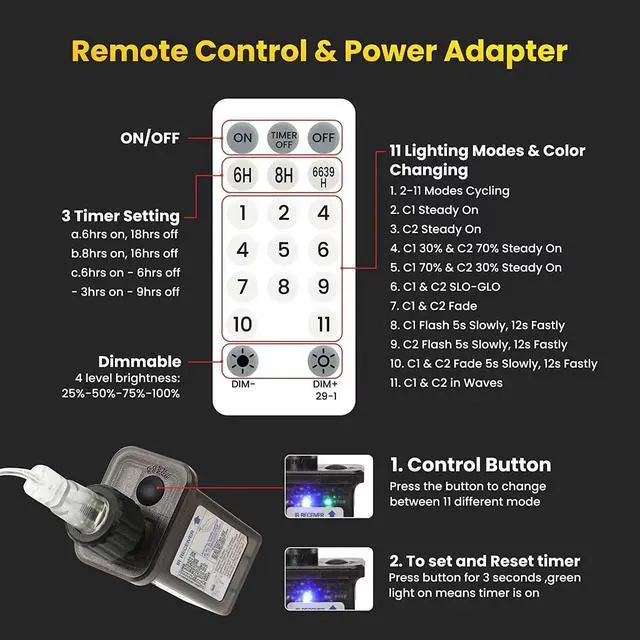 Alt view image 3 of 7 - 180ft Color Changing String Lights, 300 LED Multicolor & Warm White Globe Lights with Remote, 11 Modes, IP44 Waterproof, Plug in Fairy Lights for Indoor Outdoor Christmas Party Garden Decor