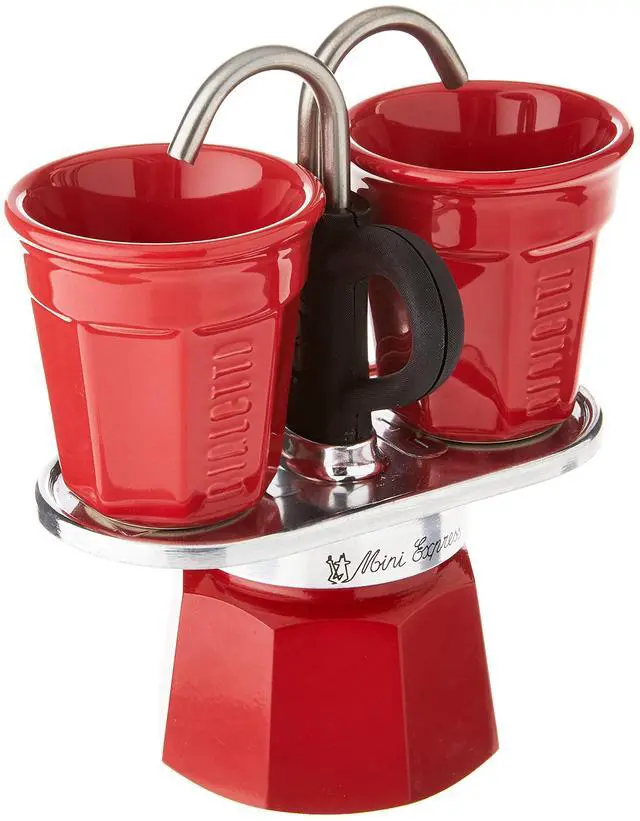 Main image of Mini Express Color: Moka Set includes Coffee Maker 2-Cup (2.8 Oz) + 2 shot glasses, Red, Aluminium