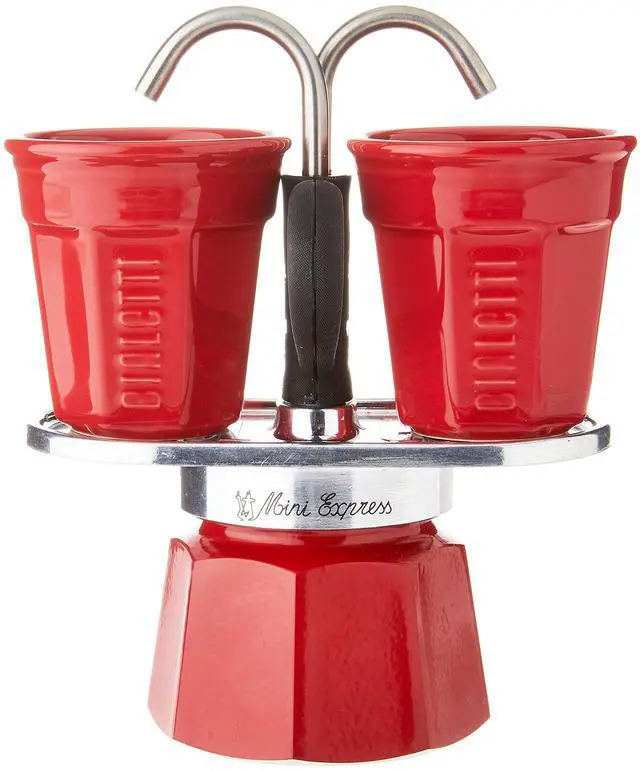 Alt view image 2 of 3 - Mini Express Color: Moka Set includes Coffee Maker 2-Cup (2.8 Oz) + 2 shot glasses, Red, Aluminium