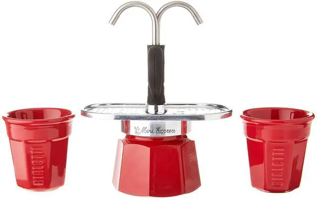 Alt view image 3 of 3 - Mini Express Color: Moka Set includes Coffee Maker 2-Cup (2.8 Oz) + 2 shot glasses, Red, Aluminium