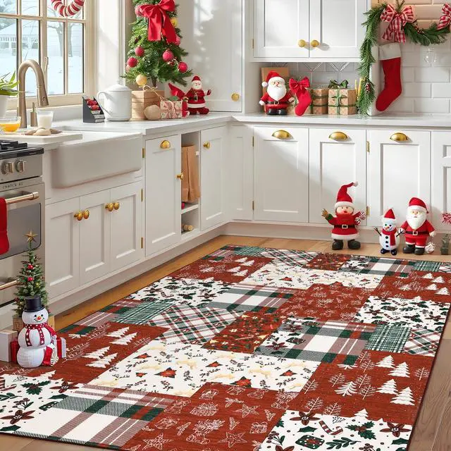 Main image of Washable Rugs 5x7 Christmas Area Rug for Bedroom Living Room Non Slip Xmas Dining Room Throw Carpet Washable Kitchen Large Rugs Holiday Dcor Soft Patchwork Christmas Rug for Nursery Home Office, Red