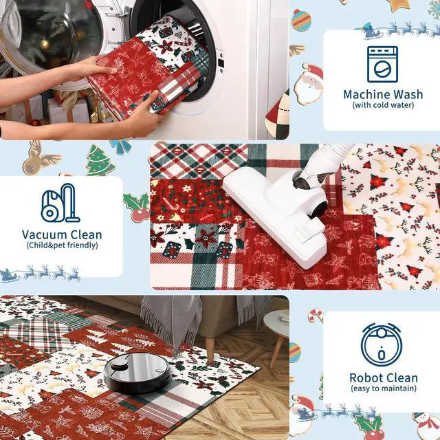 Alt view image 5 of 7 - Washable Rugs 5x7 Christmas Area Rug for Bedroom Living Room Non Slip Xmas Dining Room Throw Carpet Washable Kitchen Large Rugs Holiday Dcor Soft Patchwork Christmas Rug for Nursery Home Office, Red