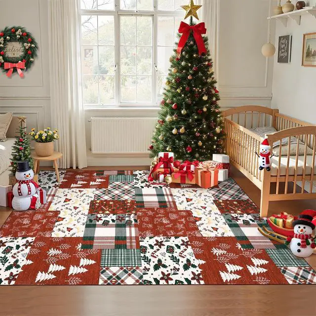 Alt view image 3 of 7 - Washable Rugs 5x7 Christmas Area Rug for Bedroom Living Room Non Slip Xmas Dining Room Throw Carpet Washable Kitchen Large Rugs Holiday Dcor Soft Patchwork Christmas Rug for Nursery Home Office, Red