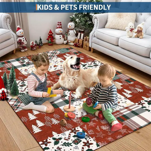 Alt view image 4 of 7 - Washable Rugs 5x7 Christmas Area Rug for Bedroom Living Room Non Slip Xmas Dining Room Throw Carpet Washable Kitchen Large Rugs Holiday Dcor Soft Patchwork Christmas Rug for Nursery Home Office, Red