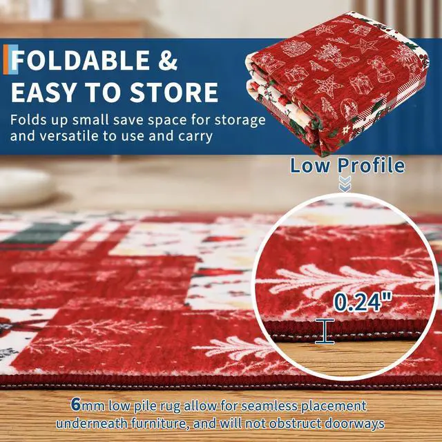 Alt view image 6 of 7 - Washable Rugs 5x7 Christmas Area Rug for Bedroom Living Room Non Slip Xmas Dining Room Throw Carpet Washable Kitchen Large Rugs Holiday Dcor Soft Patchwork Christmas Rug for Nursery Home Office, Red