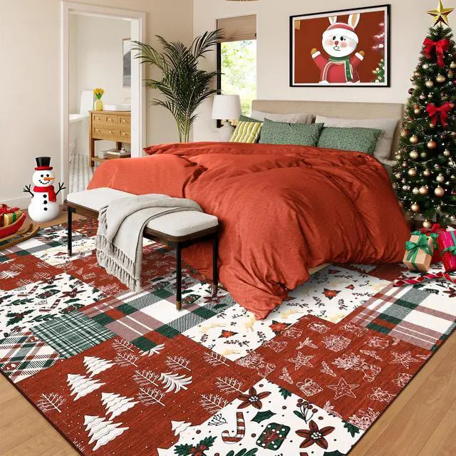 Alt view image 2 of 7 - Washable Rugs 5x7 Christmas Area Rug for Bedroom Living Room Non Slip Xmas Dining Room Throw Carpet Washable Kitchen Large Rugs Holiday Dcor Soft Patchwork Christmas Rug for Nursery Home Office, Red