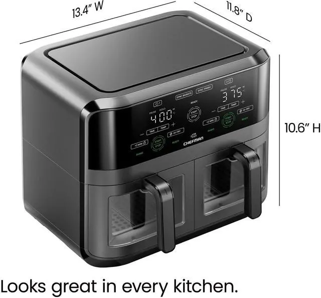 Alt view image 7 of 7 - 6 Quart Dual Basket Air Fryer Oven with Easy View Windows, Sync Finish, Hi-Fry, Auto Shutoff, 2 Independent 3Qt Nonstick Dishwasher Safe Frying Baskets, Digital Double Air Fryer - Black
