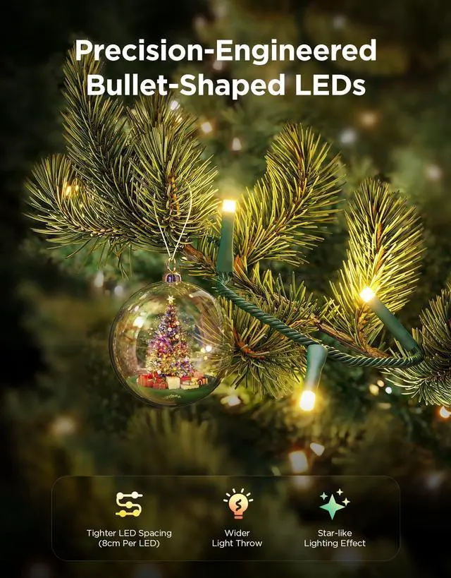 Alt view image 2 of 7 - Christmas Sparkle String Lights 66ft, RGBWIC String Lights with 250 Bullet-Head LEDs, App-Controlled, 140+ Scene Modes, Shape Mapping, Music Sync, Works with Alexa, Indoor Holiday Decorations