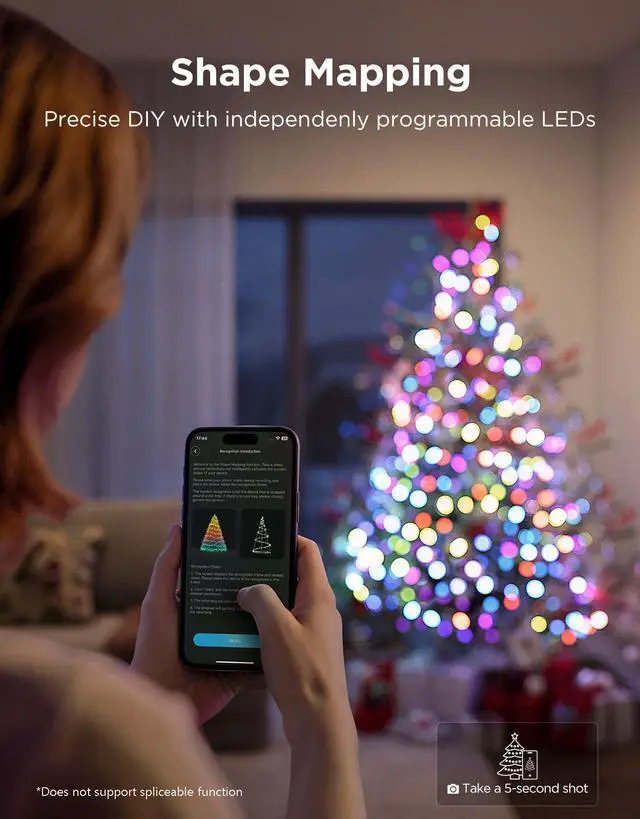 Alt view image 5 of 7 - Christmas Sparkle String Lights 66ft, RGBWIC String Lights with 250 Bullet-Head LEDs, App-Controlled, 140+ Scene Modes, Shape Mapping, Music Sync, Works with Alexa, Indoor Holiday Decorations