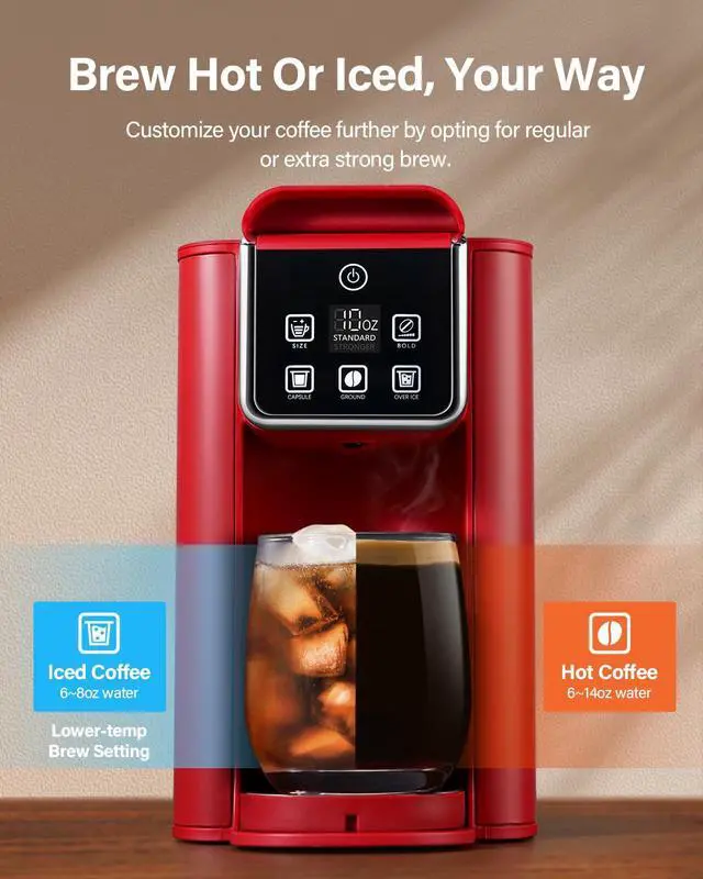 Alt view image 2 of 7 - Single Serve Coffee Maker, Hot and Iced Coffee Machine for K Cup Pods & Ground Coffee, 6 to 14 oz Brew Sizes, with 50 oz Removable Water Tank, Bold Brew Setting, Stainless Steel, Red