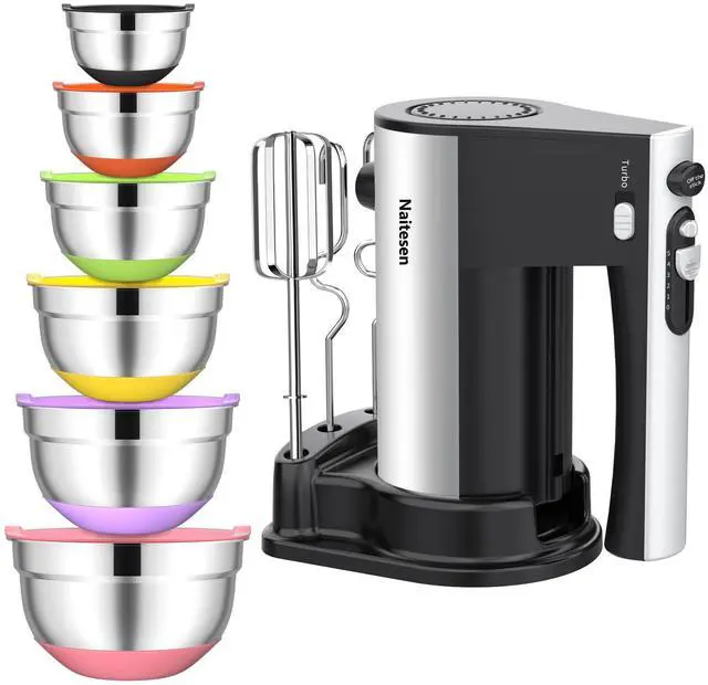 Main image of 600W Electric Hand Mixer with 6 Piece Mixing Bowls with Airtight Lids Set, Mixer Electric Handheld Stainless Steel Metal Nesting Bowls Set for Kitchen Cooking Baking