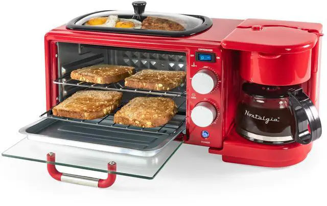 Main image of 3-in-1 Retro Breakfast Station - Includes 5 Cup Coffee Maker, Non-Stick Ceramic Griddle, and 4-Slice Toaster Oven - Built-In Timer, Reusable Coffee Filter, Space-Saving Design - Red