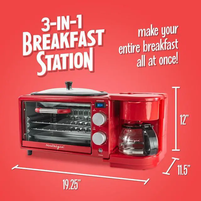 Alt view image 2 of 7 - 3-in-1 Retro Breakfast Station - Includes 5 Cup Coffee Maker, Non-Stick Ceramic Griddle, and 4-Slice Toaster Oven - Built-In Timer, Reusable Coffee Filter, Space-Saving Design - Red