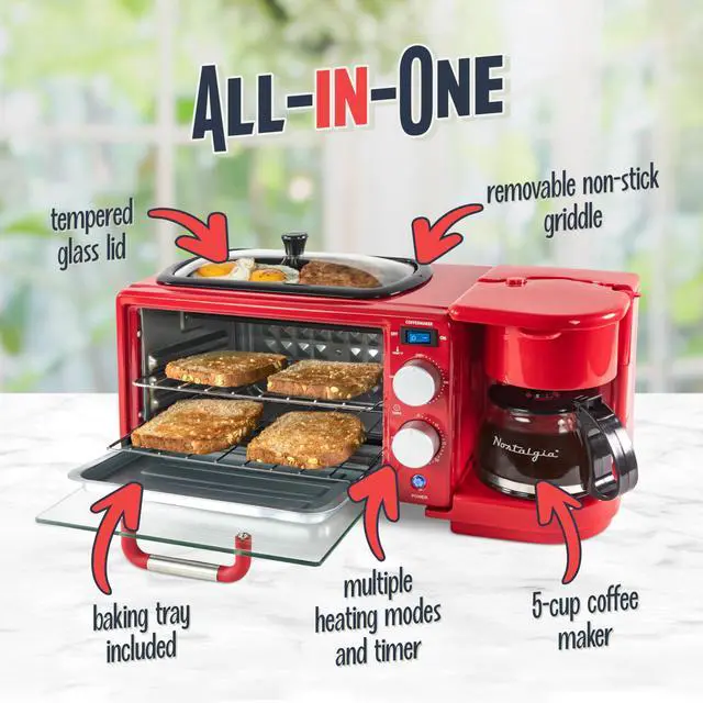 Alt view image 4 of 7 - 3-in-1 Retro Breakfast Station - Includes 5 Cup Coffee Maker, Non-Stick Ceramic Griddle, and 4-Slice Toaster Oven - Built-In Timer, Reusable Coffee Filter, Space-Saving Design - Red