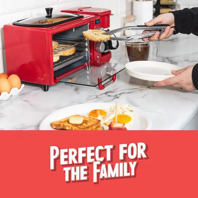 Alt view image 5 of 7 - 3-in-1 Retro Breakfast Station - Includes 5 Cup Coffee Maker, Non-Stick Ceramic Griddle, and 4-Slice Toaster Oven - Built-In Timer, Reusable Coffee Filter, Space-Saving Design - Red