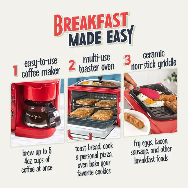 Alt view image 3 of 7 - 3-in-1 Retro Breakfast Station - Includes 5 Cup Coffee Maker, Non-Stick Ceramic Griddle, and 4-Slice Toaster Oven - Built-In Timer, Reusable Coffee Filter, Space-Saving Design - Red
