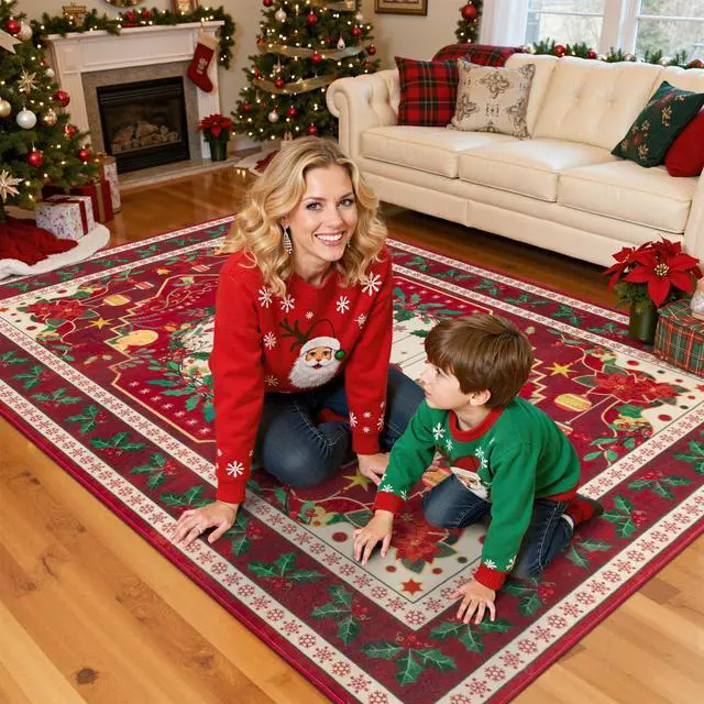 Alt view image 5 of 7 - HEBE Christmas Area Rug 5'x7', Non Slip Farmhouse Red Rugs for Living Room, Washable Soft Area Rugs for Bedroom Christmas Low Pile Indoor Floor Carpet for Dining Room Xmas Holiday Decor