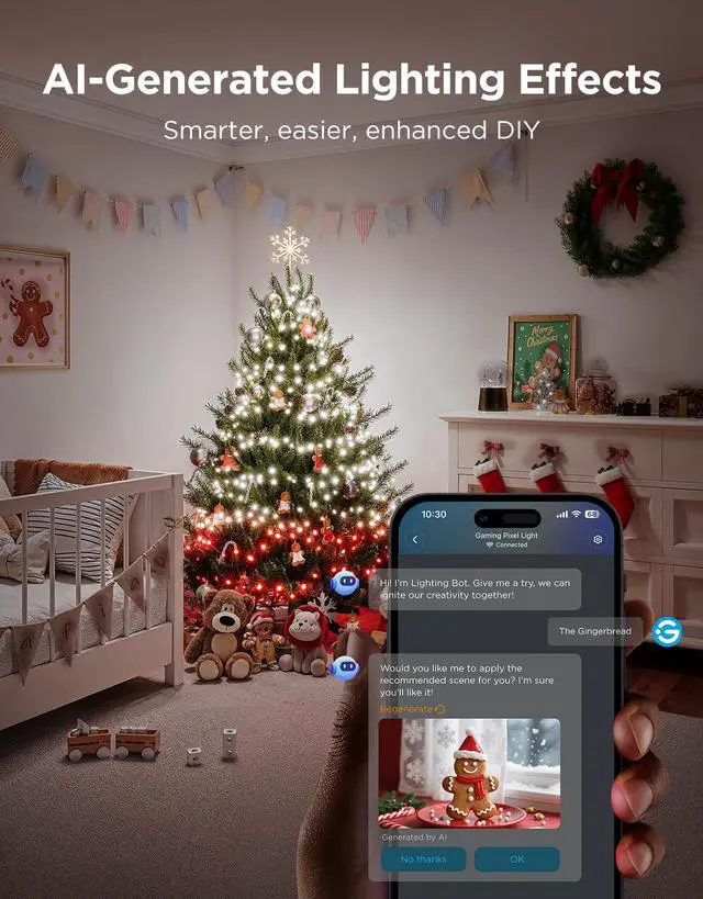 Alt view image 6 of 7 - Christmas Sparkle String Lights 66ft, RGBWIC String Lights with 250 Bullet-Head LEDs, App-Controlled, 140+ Scene Modes, Shape Mapping, Music Sync, Works with Alexa, Indoor Holiday Decorations