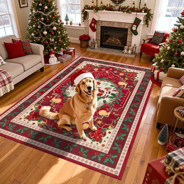 Alt view image 7 of 7 - HEBE Christmas Area Rug 5'x7', Non Slip Farmhouse Red Rugs for Living Room, Washable Soft Area Rugs for Bedroom Christmas Low Pile Indoor Floor Carpet for Dining Room Xmas Holiday Decor