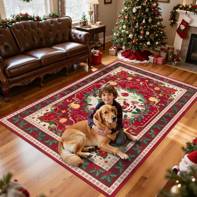 Alt view image 6 of 7 - HEBE Christmas Area Rug 5'x7', Non Slip Farmhouse Red Rugs for Living Room, Washable Soft Area Rugs for Bedroom Christmas Low Pile Indoor Floor Carpet for Dining Room Xmas Holiday Decor