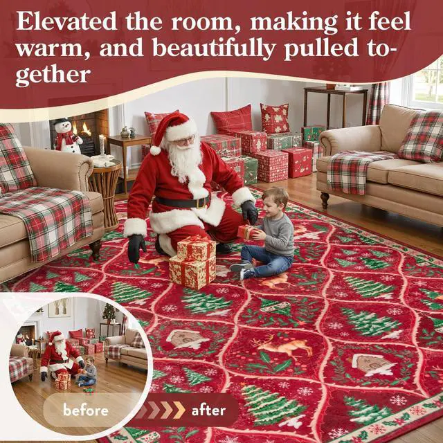 Alt view image 2 of 7 - Christmas Living Room Rug, 5x7 Print Christmas Reindeer Rugs for Bedroom Aesthetic Large Washable Carpet, Soft Xmas Tree Stain Resistance Dining Room Carpets for Under Table (Red)